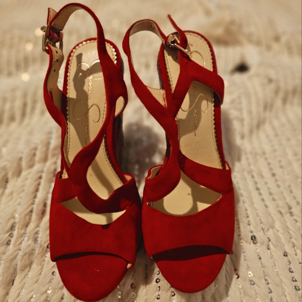 Jessica Simpson Red Suede Floral Platform Wedge Strappy Sandals Womens Size 6 B
